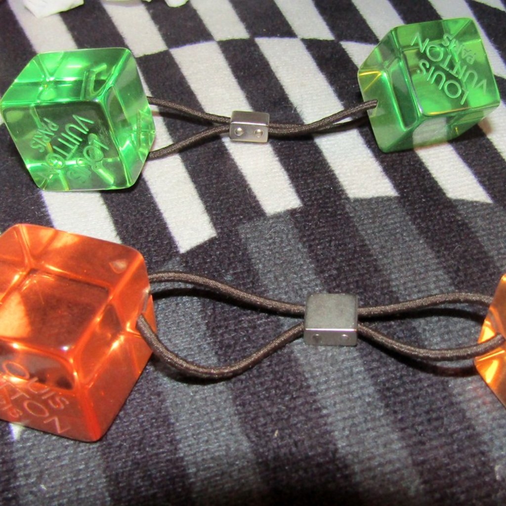 Auth Louis Vuitton Hair Cube Hair Tie Neon Green & Neon Orange Hair Tie With Bag